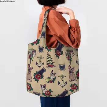 Перерабатываемая Милая хозяйственная сумка с татуировкой французского бульдога, женская холщовая сумка-тоут, прочная сумка для домашних собак, сумки для покупок, сумки