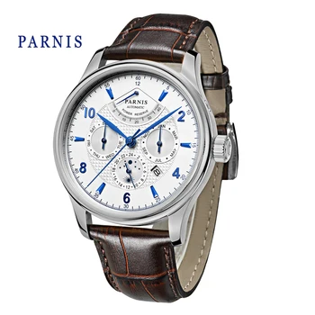Модные мужские часы Parnis с серебряным корпусом 43 мм, автоматические механические часы, сапфировое стекло, кожаный ремешок, календарь, мужские спортивные часы на 2023 год